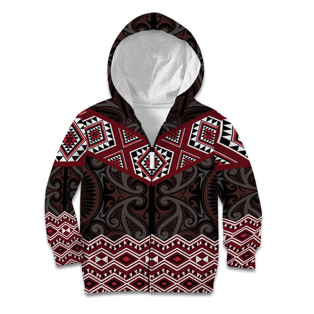 New Zealand Aotearoa Kid Hoodie Red Taniko Art Maori Pattern LT05 Zip Hoodie Red - Polynesian Pride