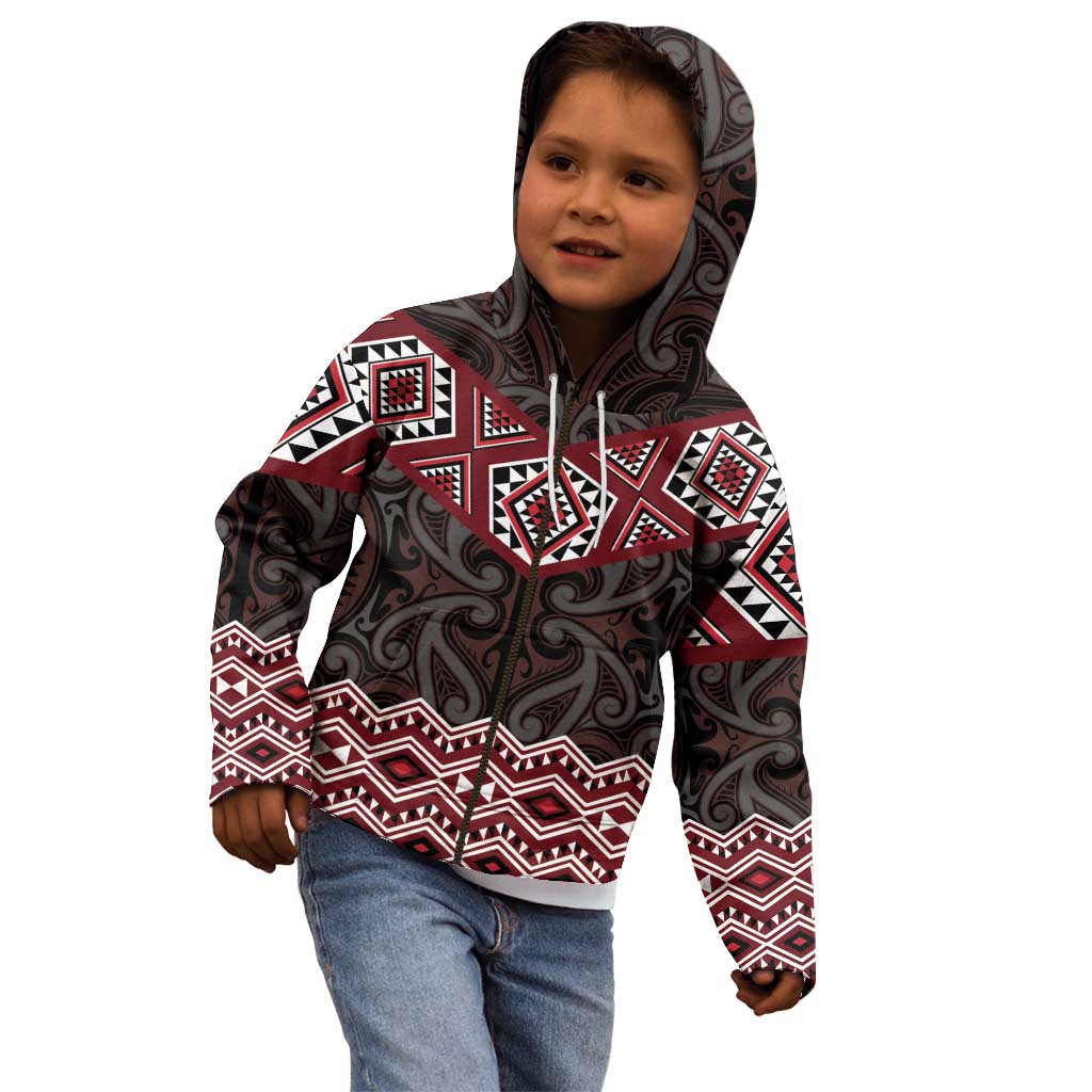 New Zealand Aotearoa Kid Hoodie Red Taniko Art Maori Pattern LT05 - Polynesian Pride