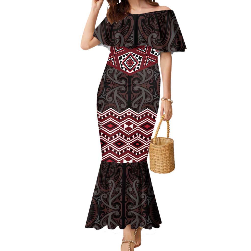 New Zealand Aotearoa Mermaid Dress Red Taniko Art Maori Pattern LT05 Women Red - Polynesian Pride