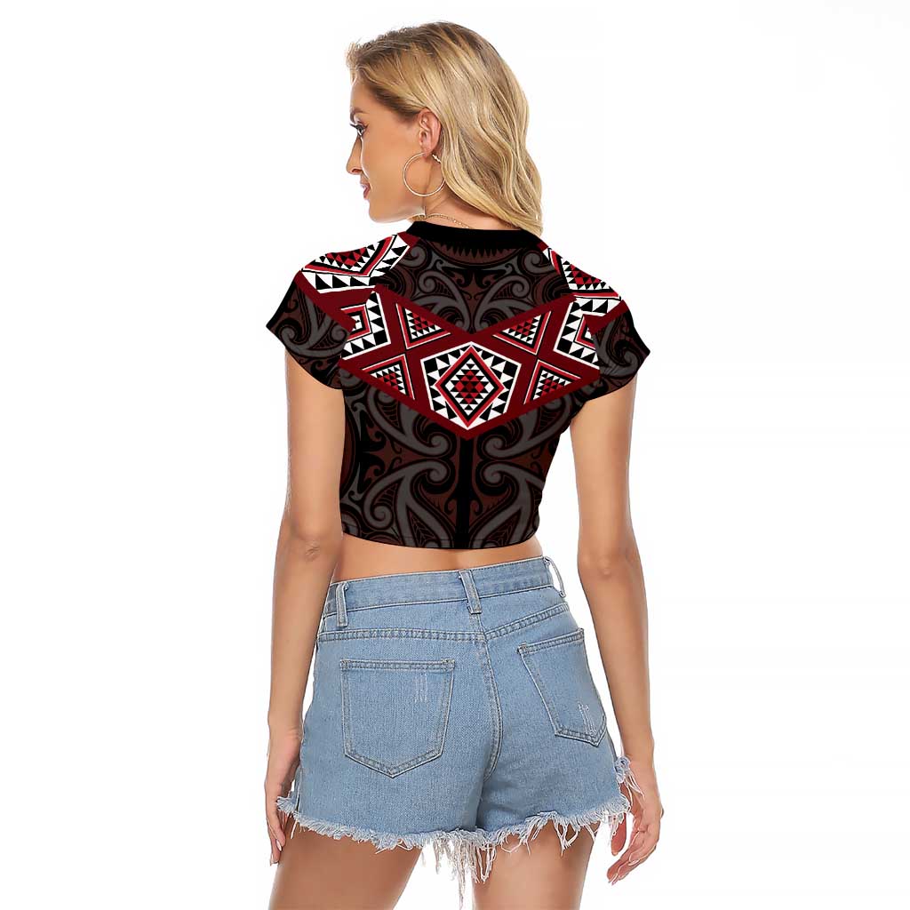 New Zealand Aotearoa Raglan Cropped T Shirt Red Taniko Art Maori Pattern