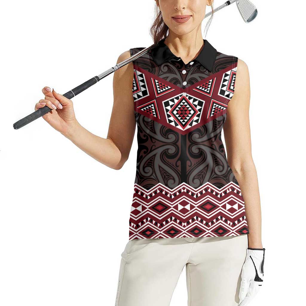 New Zealand Aotearoa Women Sleeveless Polo Shirt Red Taniko Art Maori Pattern