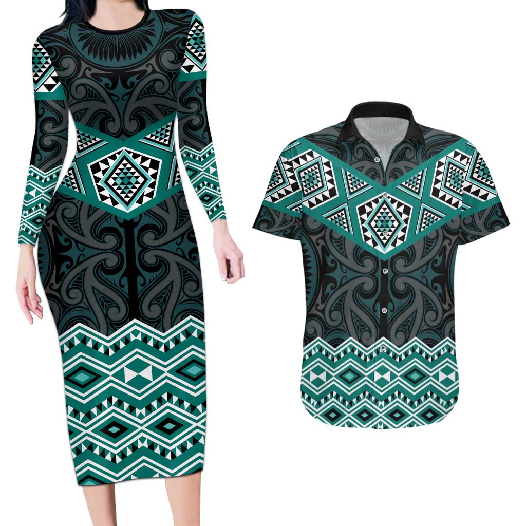 New Zealand Aotearoa Couples Matching Long Sleeve Bodycon Dress and Hawaiian Shirt Turquoise Taniko Art Maori Pattern LT05 Turquoise - Polynesian Pride