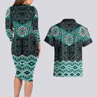 New Zealand Aotearoa Couples Matching Long Sleeve Bodycon Dress and Hawaiian Shirt Turquoise Taniko Art Maori Pattern LT05 - Polynesian Pride