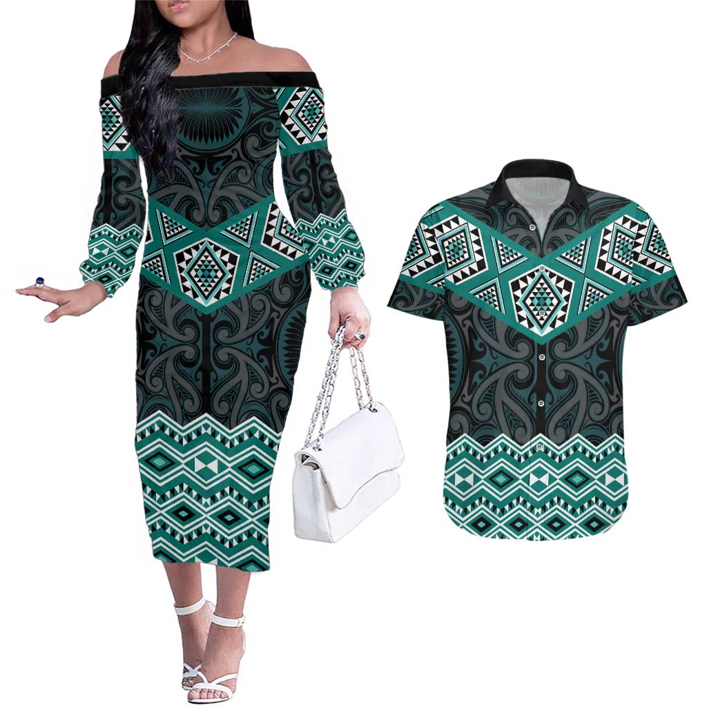 New Zealand Aotearoa Couples Matching Off The Shoulder Long Sleeve Dress and Hawaiian Shirt Turquoise Taniko Art Maori Pattern LT05 Turquoise - Polynesian Pride