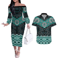 New Zealand Aotearoa Couples Matching Off The Shoulder Long Sleeve Dress and Hawaiian Shirt Turquoise Taniko Art Maori Pattern LT05 Turquoise - Polynesian Pride