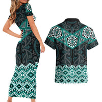New Zealand Aotearoa Couples Matching Short Sleeve Bodycon Dress and Hawaiian Shirt Turquoise Taniko Art Maori Pattern LT05 - Polynesian Pride