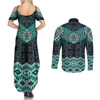 New Zealand Aotearoa Couples Matching Summer Maxi Dress and Long Sleeve Button Shirt Turquoise Taniko Art Maori Pattern