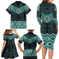 New Zealand Aotearoa Family Matching Long Sleeve Bodycon Dress and Hawaiian Shirt Turquoise Taniko Art Maori Pattern LT05 - Polynesian Pride