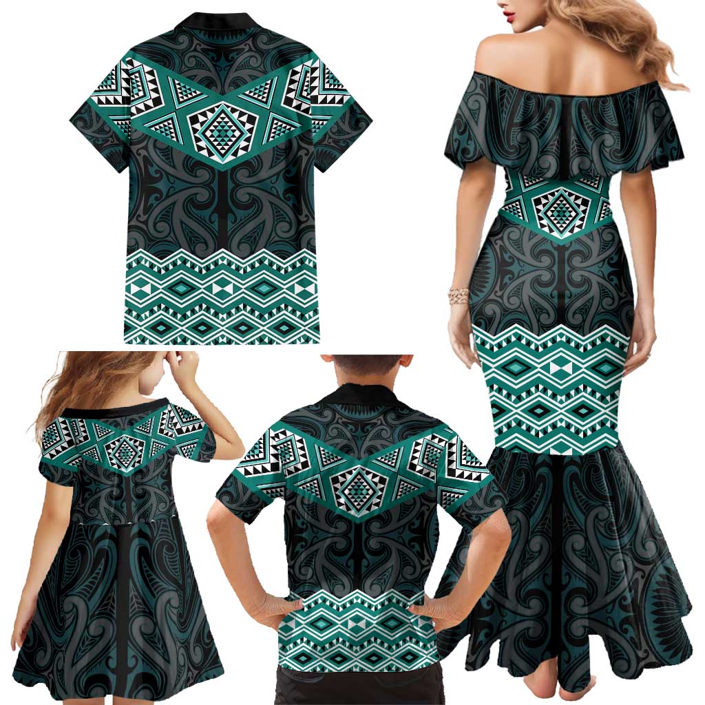 New Zealand Aotearoa Family Matching Mermaid Dress and Hawaiian Shirt Turquoise Taniko Art Maori Pattern LT05 - Polynesian Pride