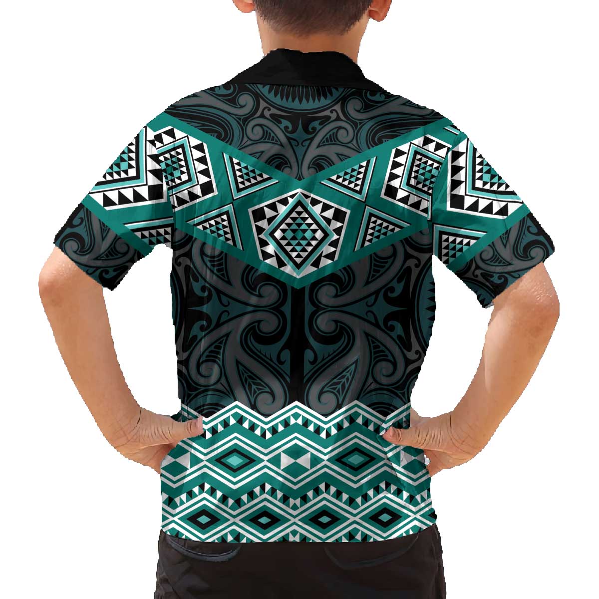 New Zealand Aotearoa Family Matching Off The Shoulder Long Sleeve Dress and Hawaiian Shirt Turquoise Taniko Art Maori Pattern LT05 - Polynesian Pride