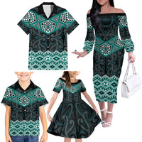 New Zealand Aotearoa Family Matching Off The Shoulder Long Sleeve Dress and Hawaiian Shirt Turquoise Taniko Art Maori Pattern LT05 - Polynesian Pride