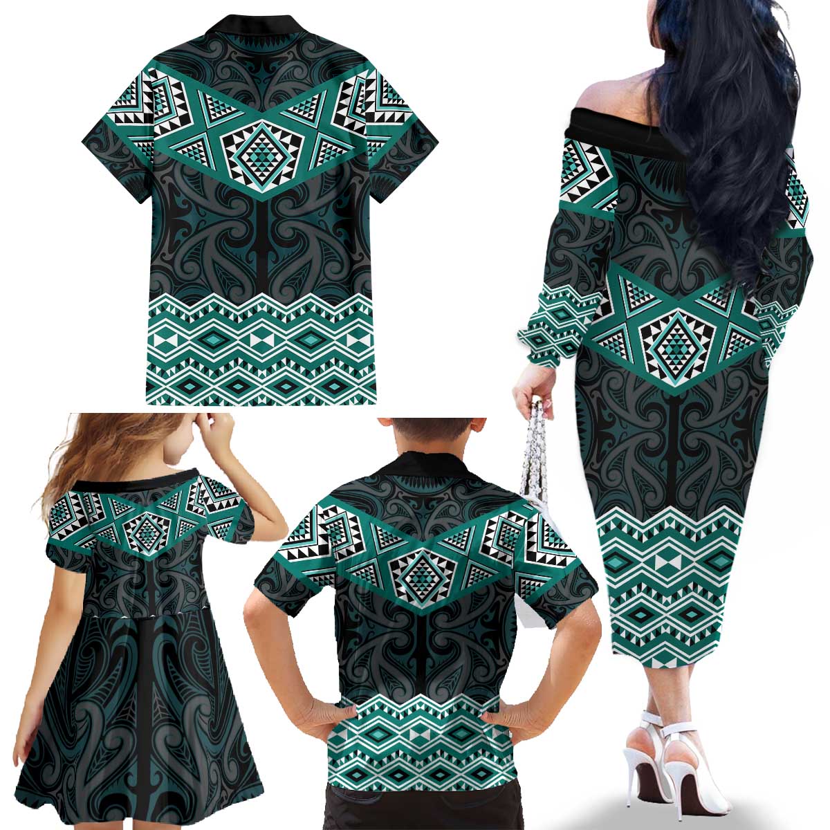 New Zealand Aotearoa Family Matching Off The Shoulder Long Sleeve Dress and Hawaiian Shirt Turquoise Taniko Art Maori Pattern LT05 - Polynesian Pride