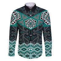 New Zealand Aotearoa Family Matching Off The Shoulder Long Sleeve Dress and Hawaiian Shirt Turquoise Taniko Art Maori Pattern LT05 Dad's Shirt - Long Sleeve Turquoise - Polynesian Pride