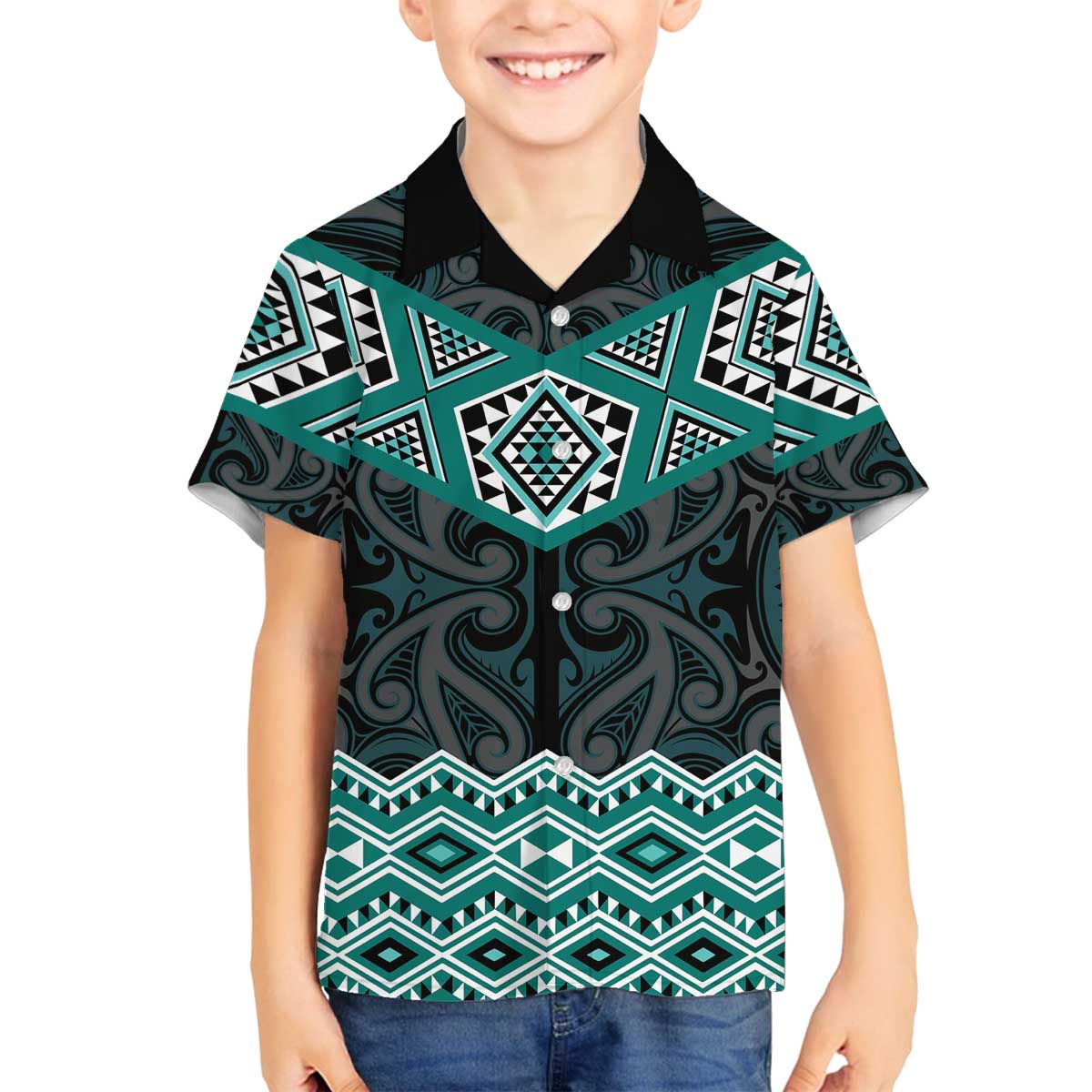 New Zealand Aotearoa Family Matching Off The Shoulder Long Sleeve Dress and Hawaiian Shirt Turquoise Taniko Art Maori Pattern LT05 Son's Shirt Turquoise - Polynesian Pride
