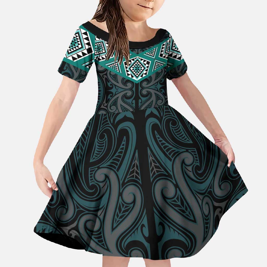 New Zealand Aotearoa Family Matching Off Shoulder Maxi Dress and Hawaiian Shirt Turquoise Taniko Art Maori Pattern LT05 Daughter's Dress Turquoise - Polynesian Pride