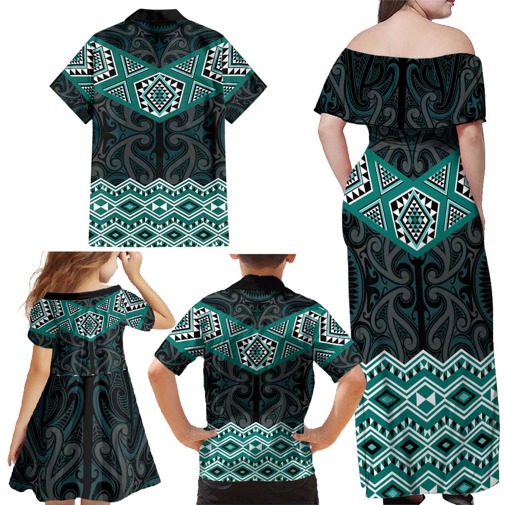 New Zealand Aotearoa Family Matching Off Shoulder Maxi Dress and Hawaiian Shirt Turquoise Taniko Art Maori Pattern LT05 - Polynesian Pride