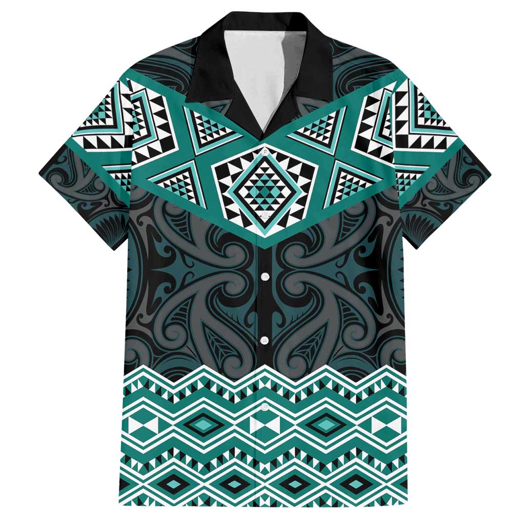New Zealand Aotearoa Family Matching Off Shoulder Maxi Dress and Hawaiian Shirt Turquoise Taniko Art Maori Pattern LT05 Dad's Shirt - Short Sleeve Turquoise - Polynesian Pride