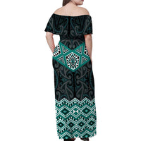 New Zealand Aotearoa Family Matching Off Shoulder Maxi Dress and Hawaiian Shirt Turquoise Taniko Art Maori Pattern LT05 - Polynesian Pride