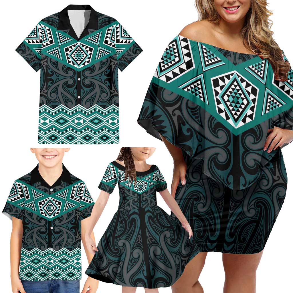 New Zealand Aotearoa Family Matching Off Shoulder Short Dress and Hawaiian Shirt Turquoise Taniko Art Maori Pattern LT05 - Polynesian Pride
