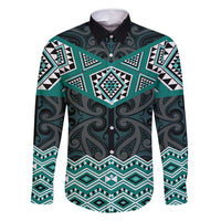 New Zealand Aotearoa Family Matching Off Shoulder Short Dress and Hawaiian Shirt Turquoise Taniko Art Maori Pattern LT05 Dad's Shirt - Long Sleeve Turquoise - Polynesian Pride
