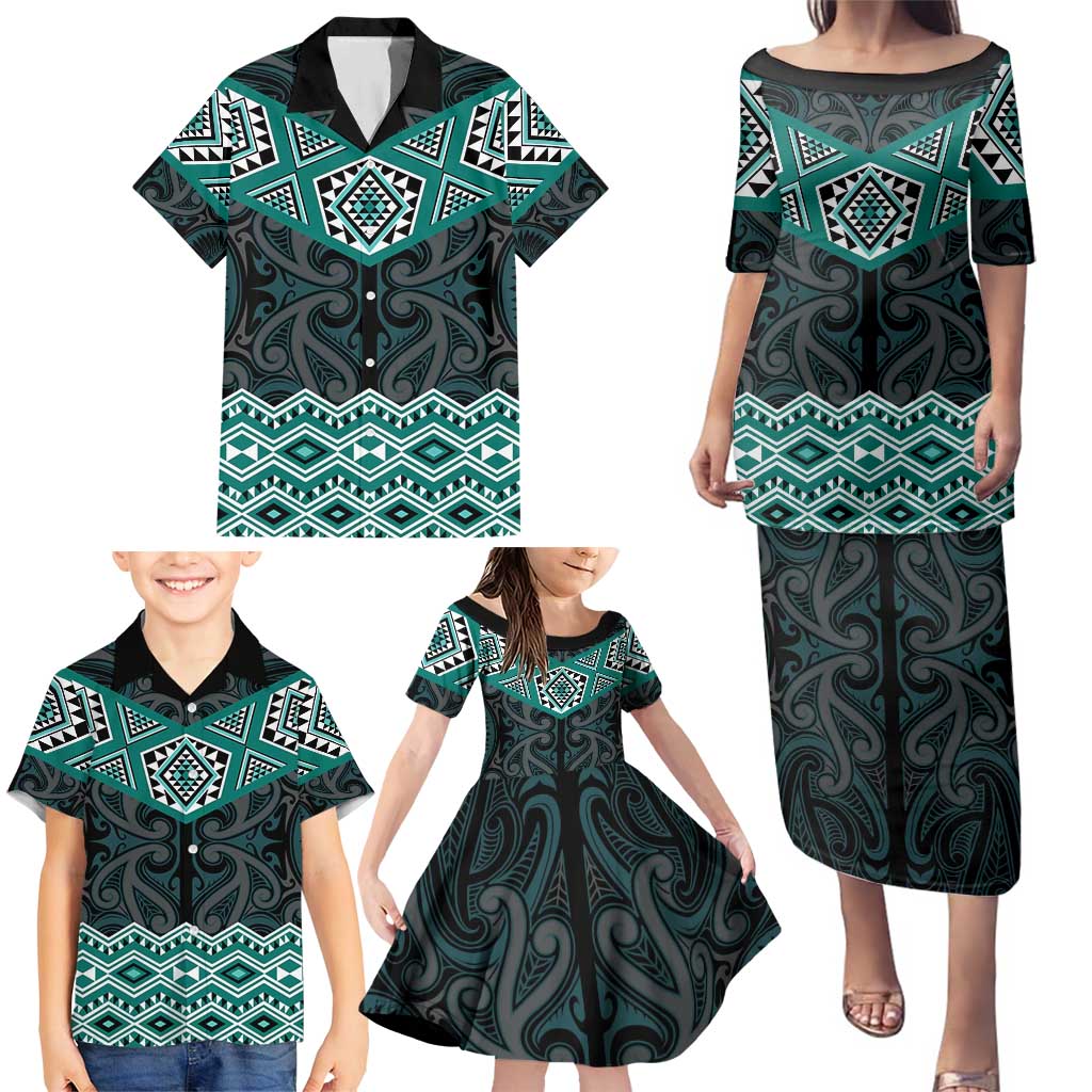 New Zealand Aotearoa Family Matching Puletasi and Hawaiian Shirt Turquoise Taniko Art Maori Pattern LT05 - Polynesian Pride
