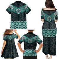 New Zealand Aotearoa Family Matching Puletasi and Hawaiian Shirt Turquoise Taniko Art Maori Pattern LT05 - Polynesian Pride