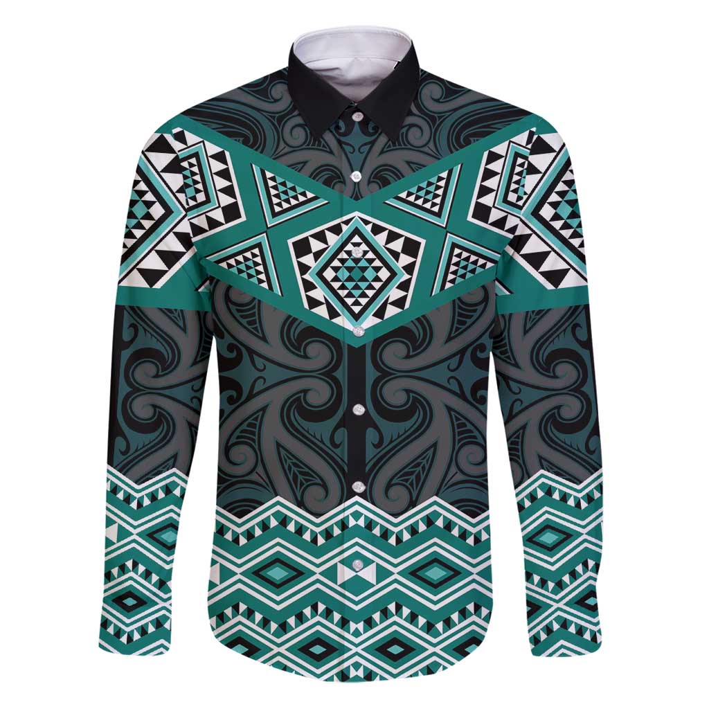 New Zealand Aotearoa Family Matching Puletasi and Hawaiian Shirt Turquoise Taniko Art Maori Pattern LT05 Dad's Shirt - Long Sleeve Turquoise - Polynesian Pride