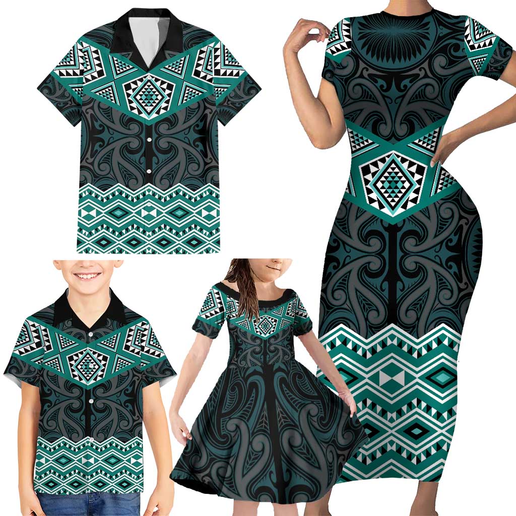 New Zealand Aotearoa Family Matching Short Sleeve Bodycon Dress and Hawaiian Shirt Turquoise Taniko Art Maori Pattern LT05 - Polynesian Pride