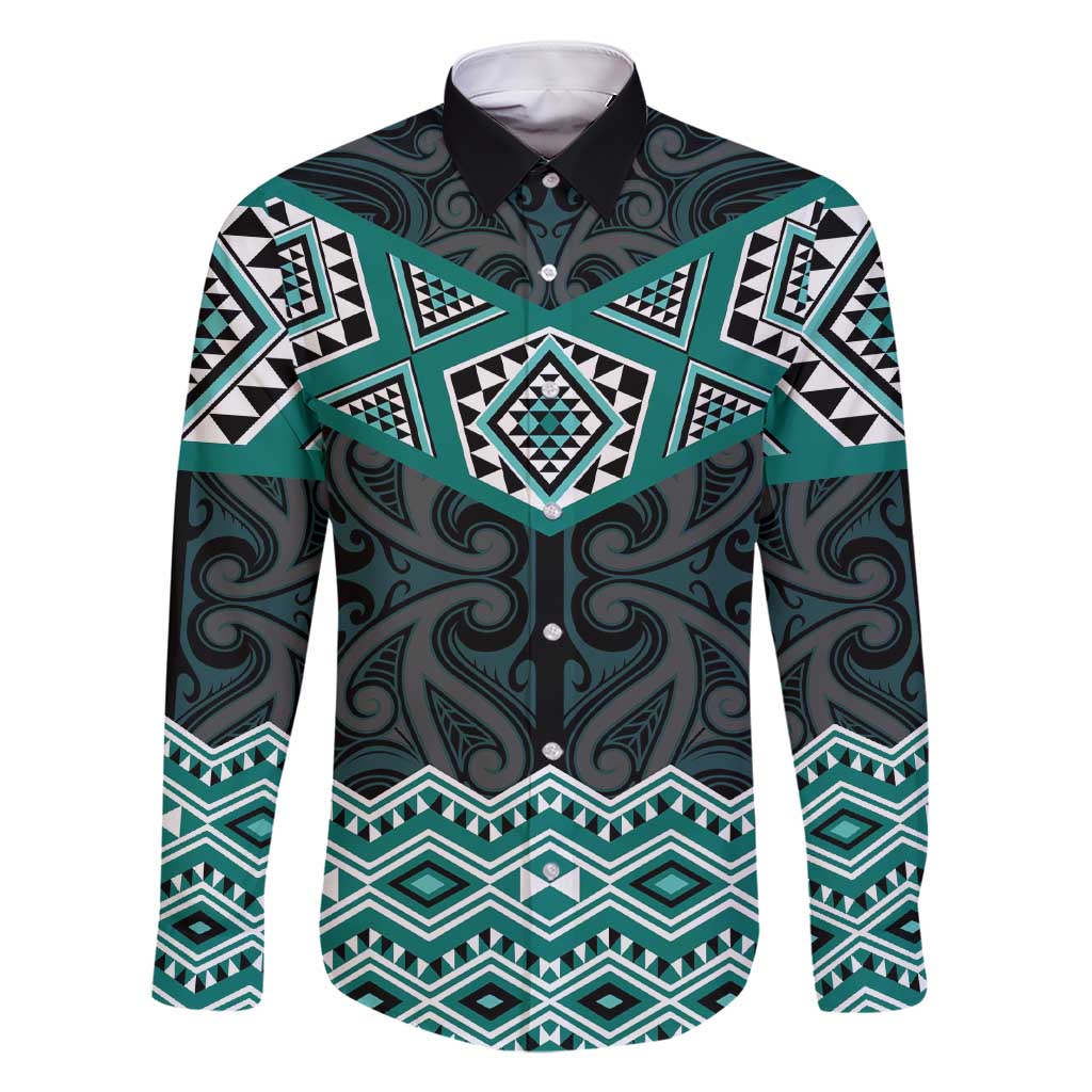 New Zealand Aotearoa Family Matching Short Sleeve Bodycon Dress and Hawaiian Shirt Turquoise Taniko Art Maori Pattern LT05 Dad's Shirt - Long Sleeve Turquoise - Polynesian Pride