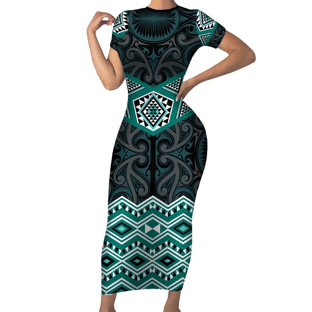 New Zealand Aotearoa Family Matching Short Sleeve Bodycon Dress and Hawaiian Shirt Turquoise Taniko Art Maori Pattern LT05 Mom's Dress Turquoise - Polynesian Pride