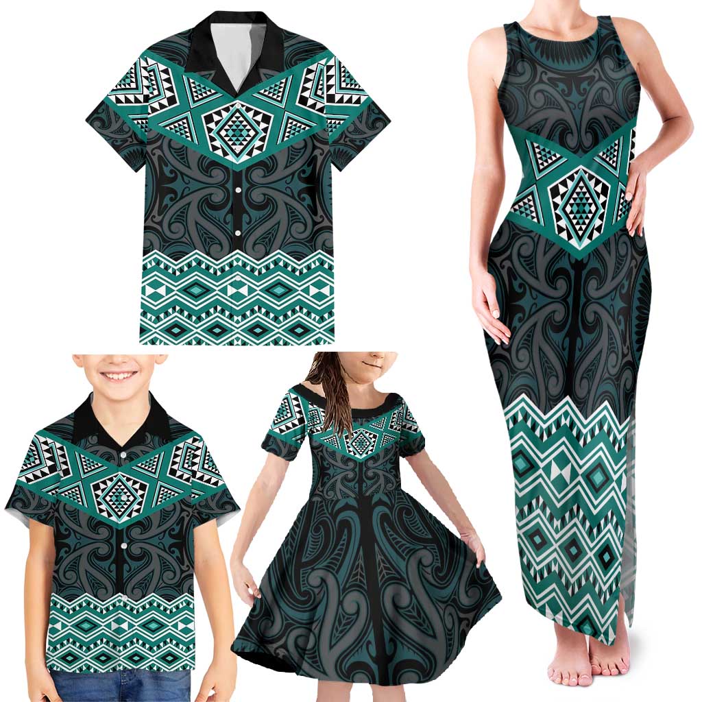 New Zealand Aotearoa Family Matching Tank Maxi Dress and Hawaiian Shirt Turquoise Taniko Art Maori Pattern LT05 - Polynesian Pride