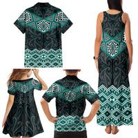 New Zealand Aotearoa Family Matching Tank Maxi Dress and Hawaiian Shirt Turquoise Taniko Art Maori Pattern LT05 - Polynesian Pride