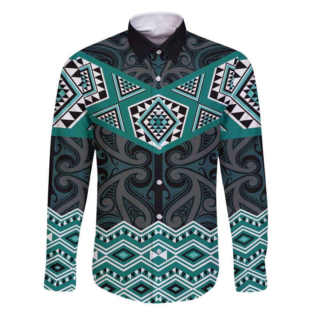 New Zealand Aotearoa Family Matching Tank Maxi Dress and Hawaiian Shirt Turquoise Taniko Art Maori Pattern LT05 Dad's Shirt - Long Sleeve Turquoise - Polynesian Pride