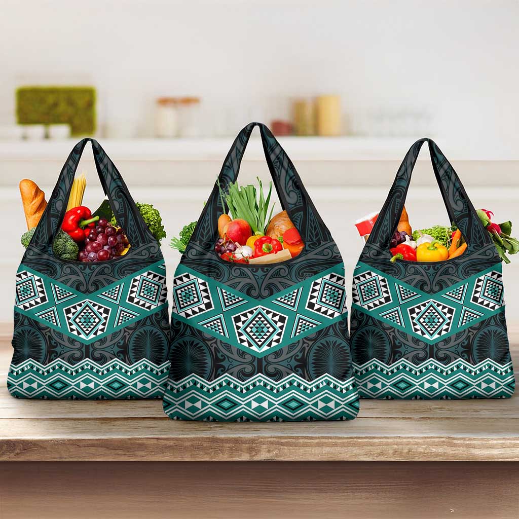 New Zealand Aotearoa Grocery Bag Turquoise Taniko Art Maori Pattern