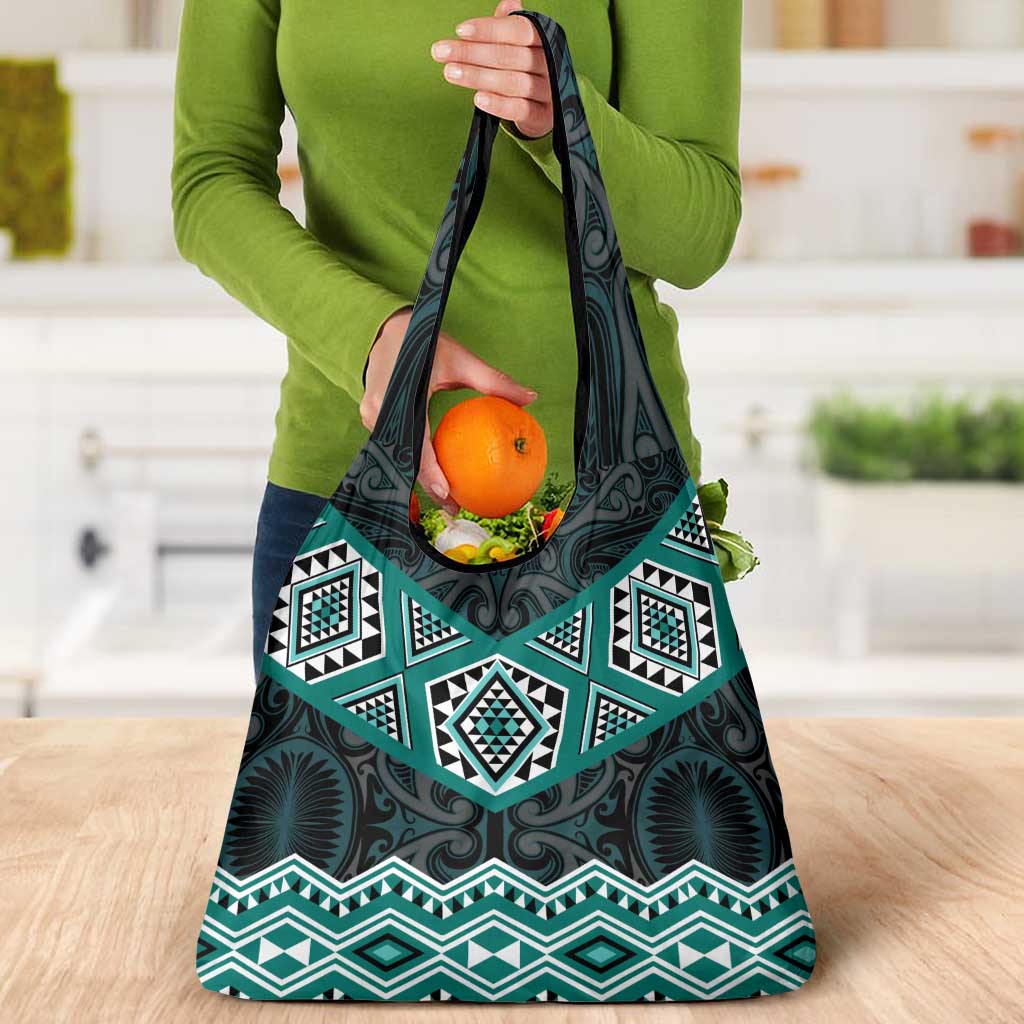 New Zealand Aotearoa Grocery Bag Turquoise Taniko Art Maori Pattern