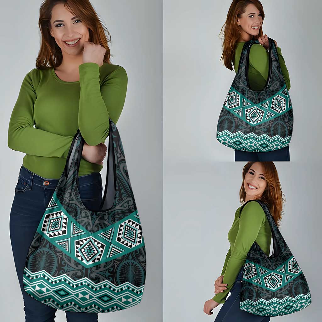 New Zealand Aotearoa Grocery Bag Turquoise Taniko Art Maori Pattern