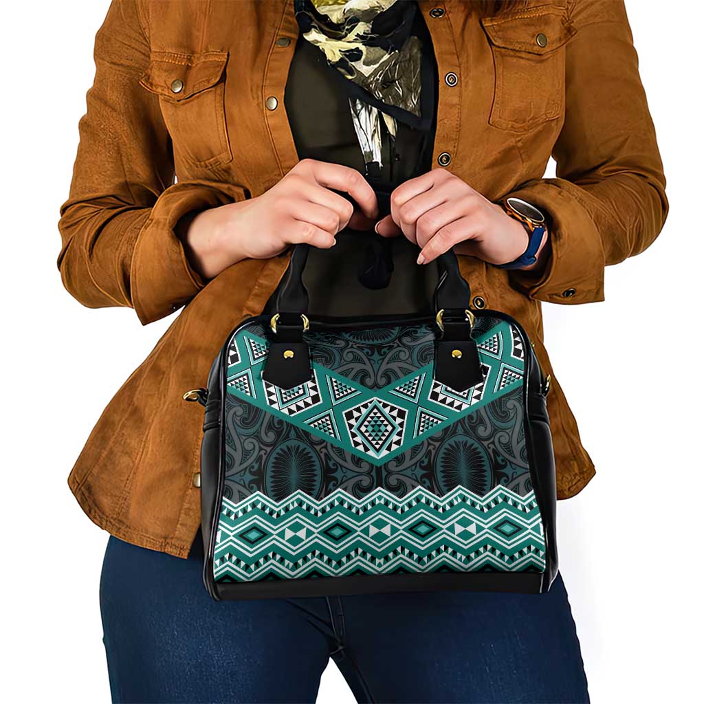 New Zealand Aotearoa Shoulder Handbag Turquoise Taniko Art Maori Pattern