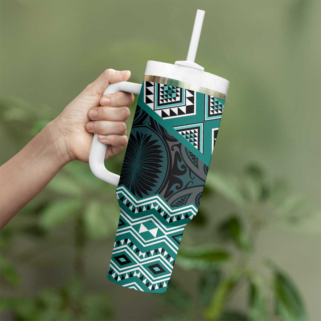 New Zealand Aotearoa Tumbler With Handle Turquoise Taniko Art Maori Pattern