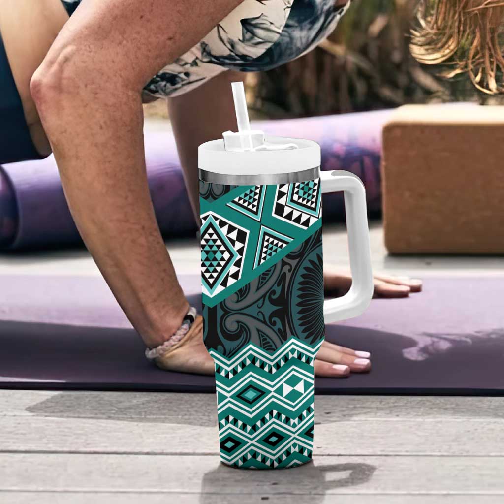 New Zealand Aotearoa Tumbler With Handle Turquoise Taniko Art Maori Pattern