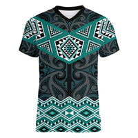 New Zealand Aotearoa Women V-Neck T-Shirt Turquoise Taniko Art Maori Pattern