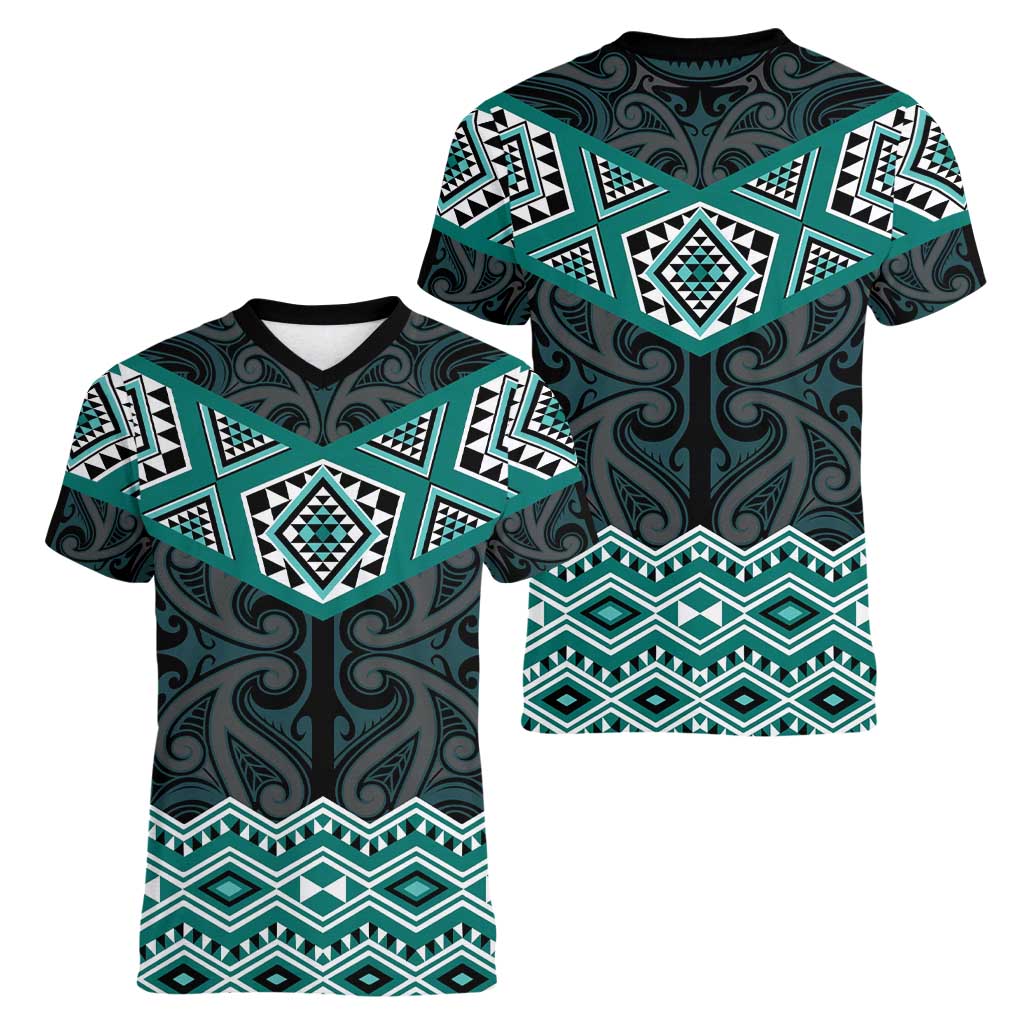 New Zealand Aotearoa Women V-Neck T-Shirt Turquoise Taniko Art Maori Pattern