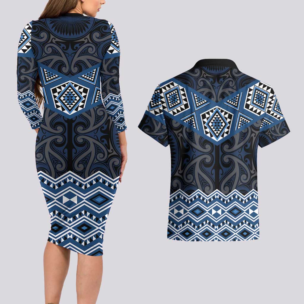 New Zealand Aotearoa Couples Matching Long Sleeve Bodycon Dress and Hawaiian Shirt Blue Taniko Art Maori Pattern LT05 - Polynesian Pride