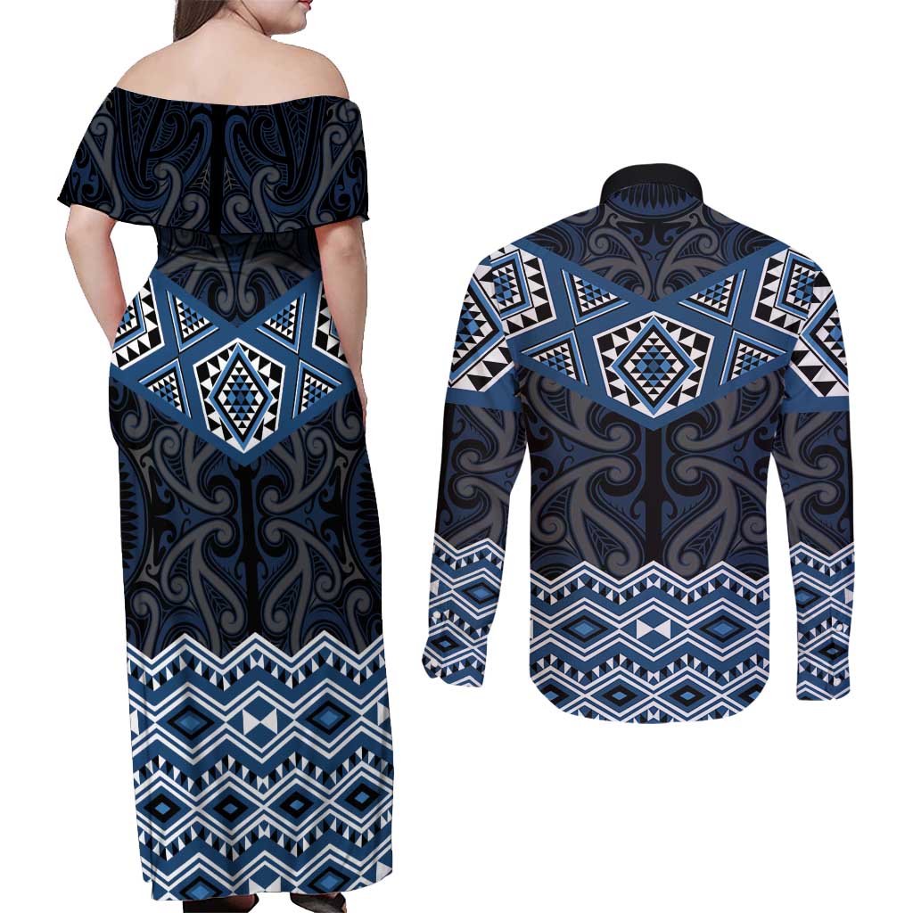 New Zealand Aotearoa Couples Matching Off Shoulder Maxi Dress and Long Sleeve Button Shirt Blue Taniko Art Maori Pattern