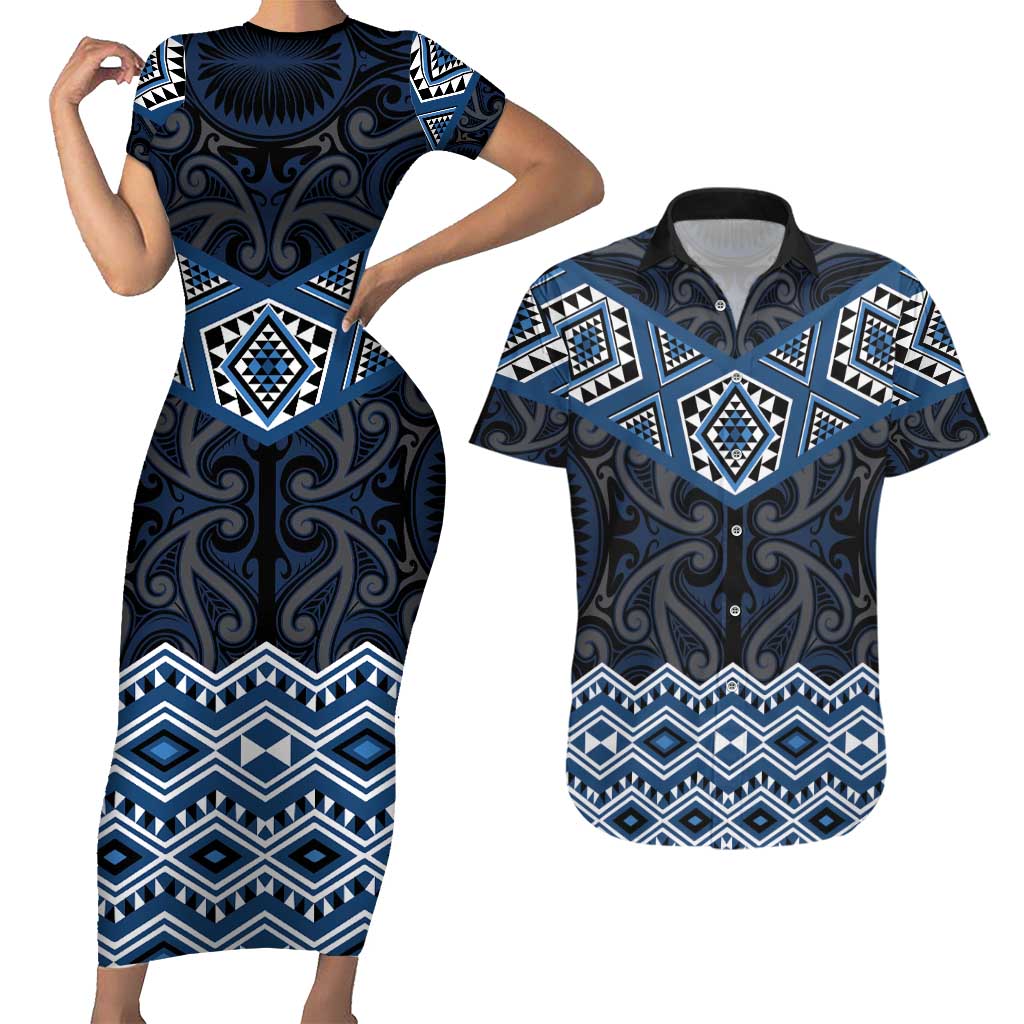 New Zealand Aotearoa Couples Matching Short Sleeve Bodycon Dress and Hawaiian Shirt Blue Taniko Art Maori Pattern LT05 Blue - Polynesian Pride