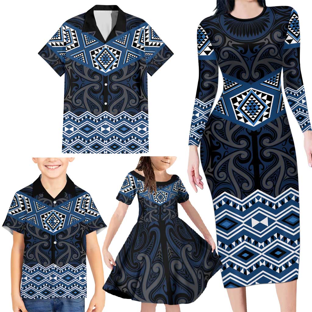 New Zealand Aotearoa Family Matching Long Sleeve Bodycon Dress and Hawaiian Shirt Blue Taniko Art Maori Pattern LT05 - Polynesian Pride