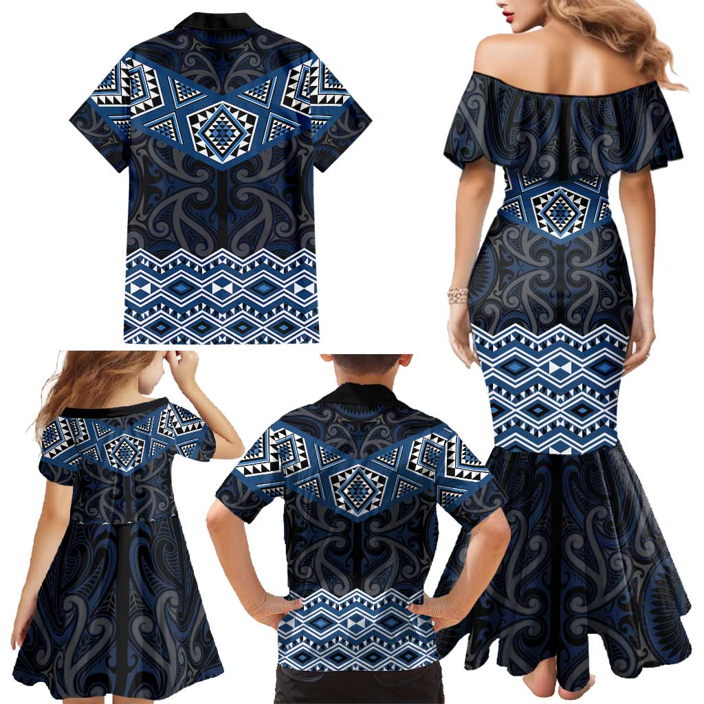 New Zealand Aotearoa Family Matching Mermaid Dress and Hawaiian Shirt Blue Taniko Art Maori Pattern LT05 - Polynesian Pride
