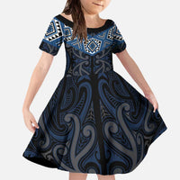 New Zealand Aotearoa Family Matching Off The Shoulder Long Sleeve Dress and Hawaiian Shirt Blue Taniko Art Maori Pattern LT05 Daughter's Dress Blue - Polynesian Pride
