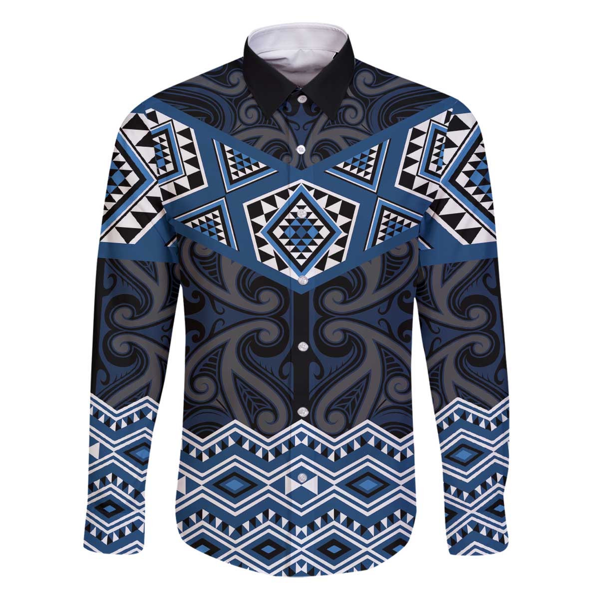 New Zealand Aotearoa Family Matching Off The Shoulder Long Sleeve Dress and Hawaiian Shirt Blue Taniko Art Maori Pattern LT05 Dad's Shirt - Long Sleeve Blue - Polynesian Pride