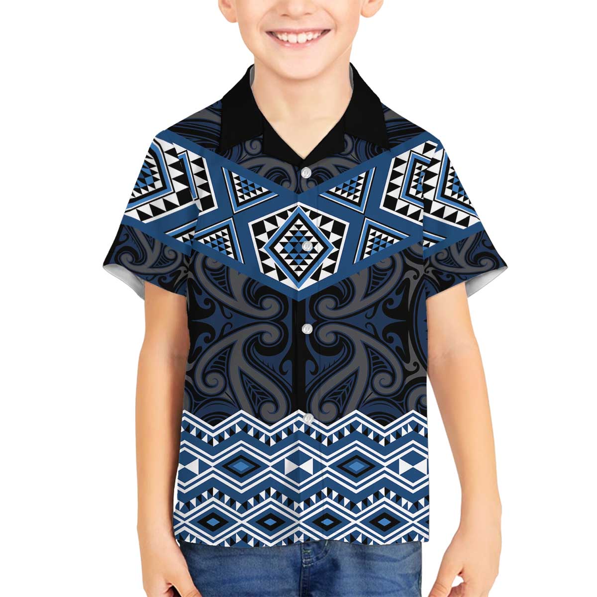 New Zealand Aotearoa Family Matching Off The Shoulder Long Sleeve Dress and Hawaiian Shirt Blue Taniko Art Maori Pattern LT05 Son's Shirt Blue - Polynesian Pride