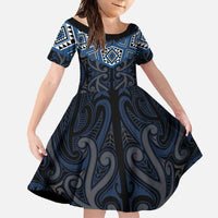 New Zealand Aotearoa Family Matching Off Shoulder Maxi Dress and Hawaiian Shirt Blue Taniko Art Maori Pattern LT05 Daughter's Dress Blue - Polynesian Pride
